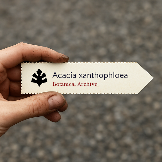 Etichetta per pianta stampata per Acacia xanthophloea tenuta a mano con sfondo di terra