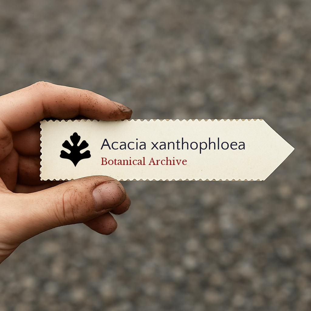 Etichetta per pianta stampata per Acacia xanthophloea tenuta in mano con terra sulle dita