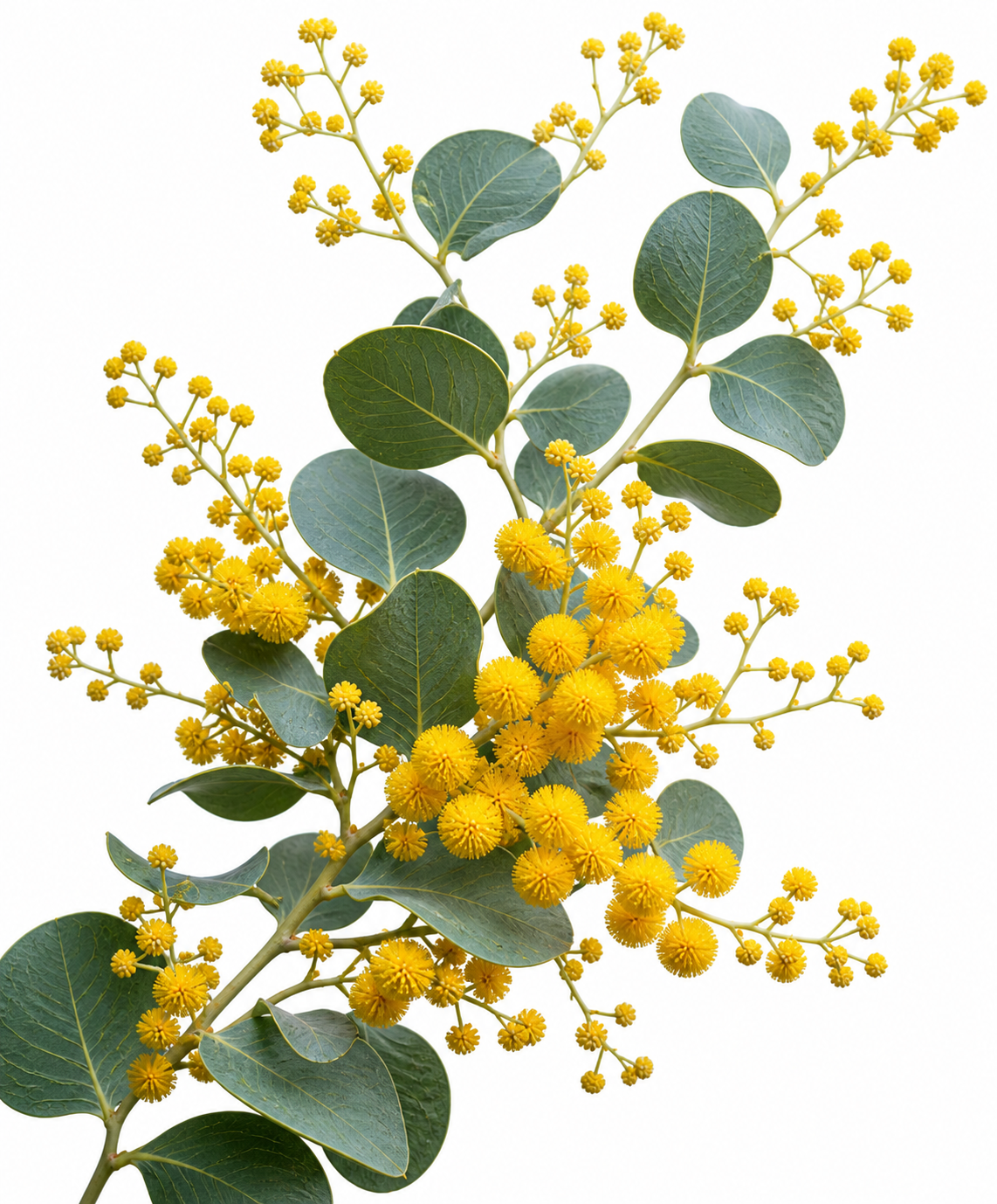 Fiori a pompon giallo brillante di Acacia podalyriifolia con foglie verdi rotonde