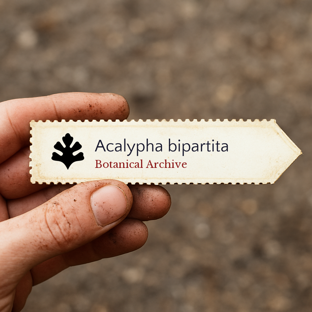 Etichetta per pianta stampata per Acalypha bipartita tenuta in mano su sfondo di terreno