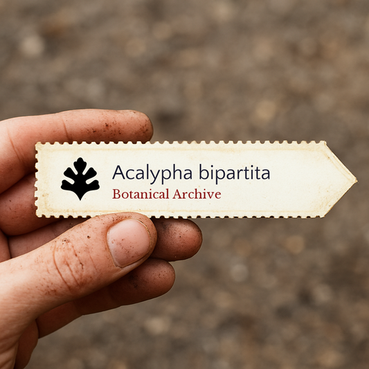 Etichetta per pianta stampata per Acalypha bipartita tenuta in mano su sfondo di terreno