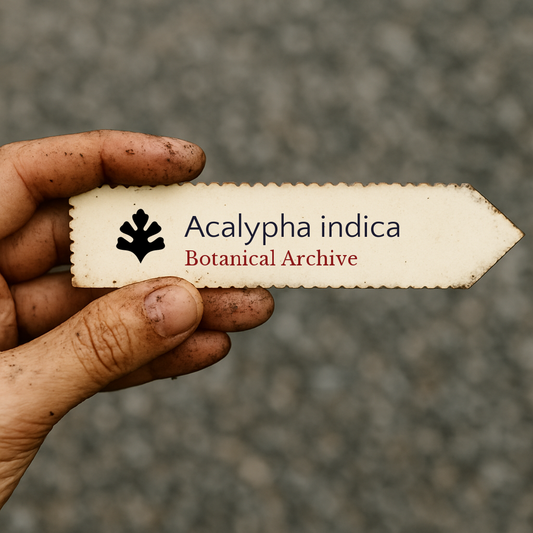 Etichetta vegetale stampata a forma di freccia per Acalypha indica tenuta da mano sporca all'aperto