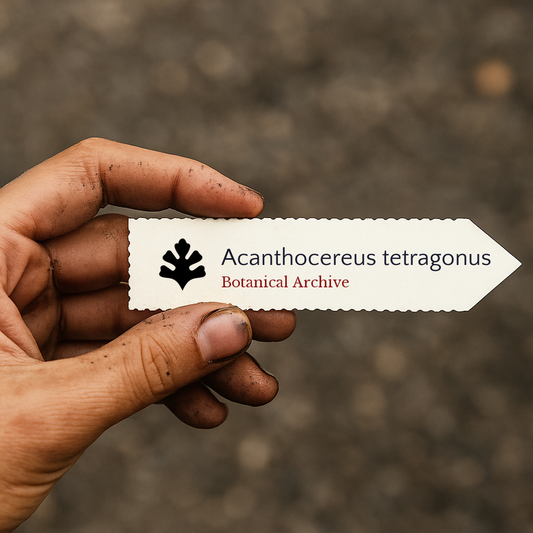 Etichetta vegetale stampata per Acanthocereus tetragonus tenuta da una mano sporca all'aperto