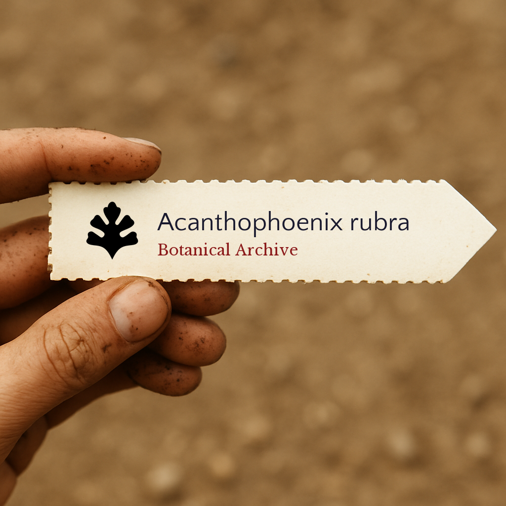 Etichetta per pianta stampata per Acanthophoenix rubra tenuta da una mano sporca all'aperto