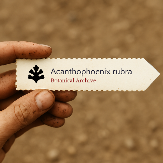 Etichetta per pianta stampata di Acanthophoenix rubra tenuta da una mano sporca su sfondo di terra