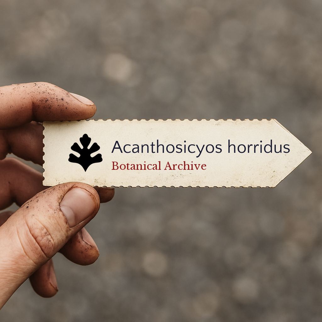 Etichetta per pianta stampata di Acanthosicyos horridus tenuta in mano con terra sulle dita