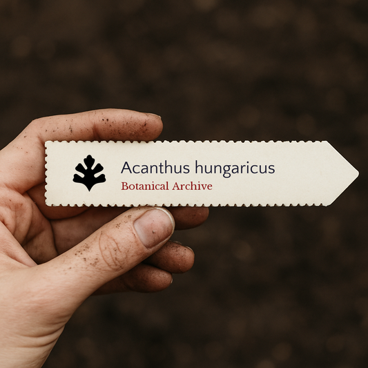 Etichetta per pianta stampata per Acanthus hungaricus con logo Botanical Archive in mano