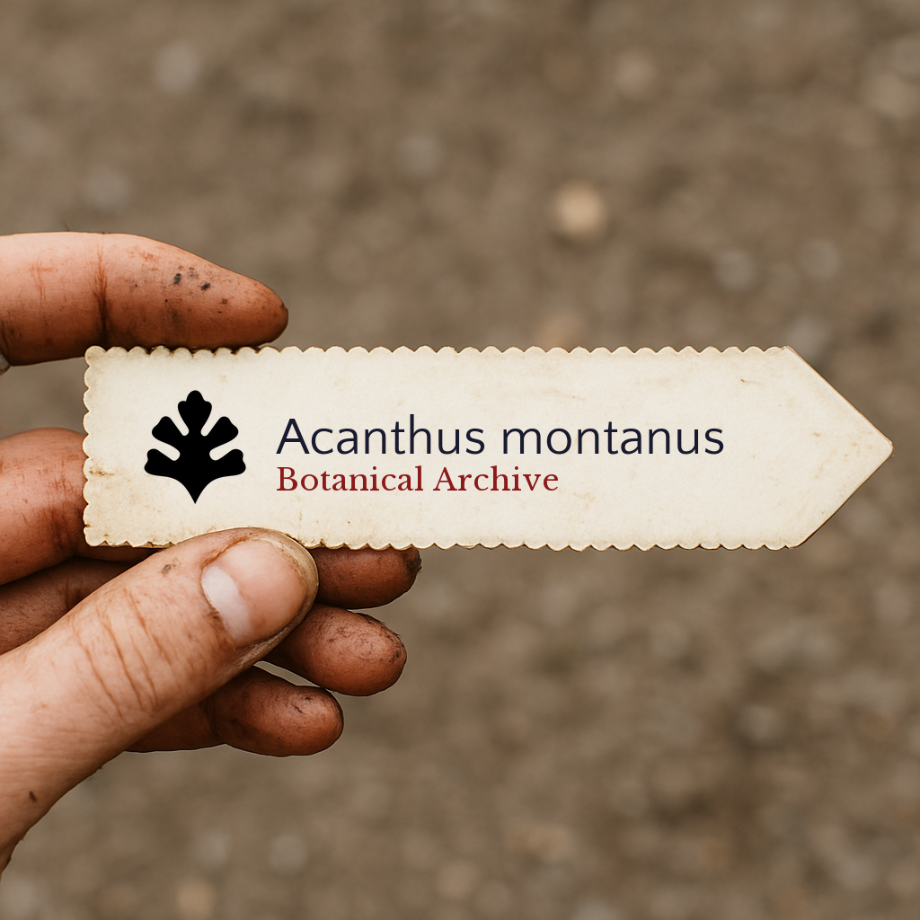 Etichetta stampata per pianta di Acanthus montanus tenuta da una mano sporca con sfondo di terreno