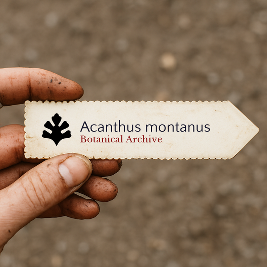 Etichetta stampata per pianta di Acanthus montanus tenuta da una mano sporca con sfondo di terreno