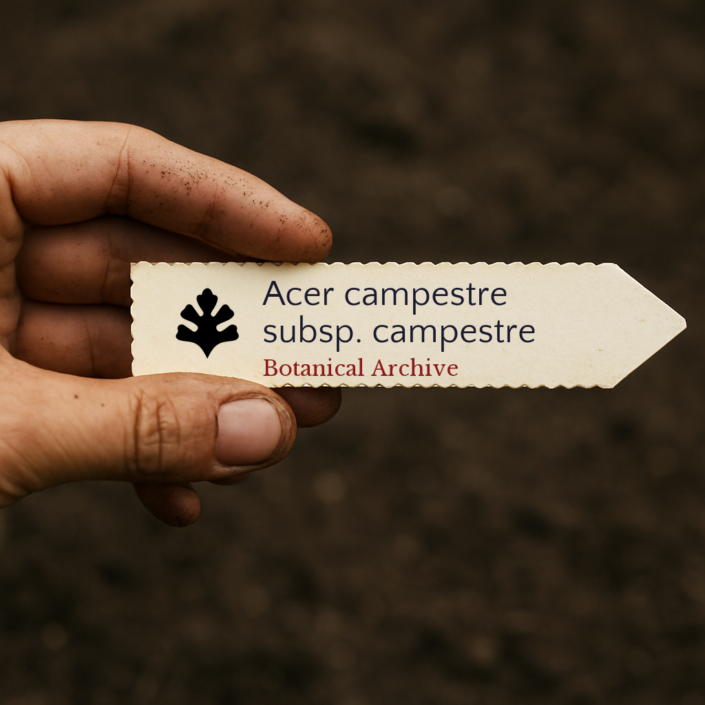 Etichetta stampata per pianta Acer campestre subsp. campestre tenuta contro uno sfondo di terreno scuro