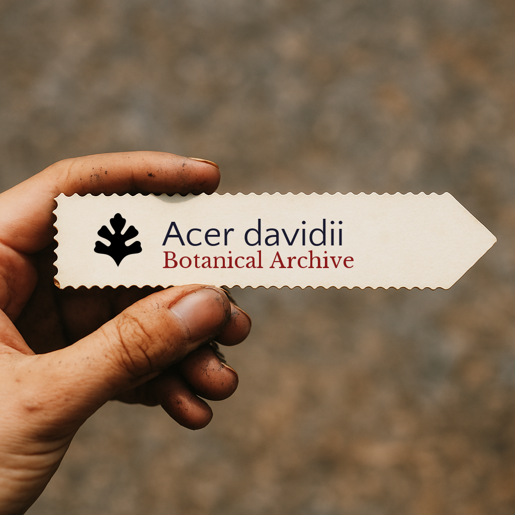 Etichetta per piante stampata per Acer davidii tenuta a mano con dita sporche di terra
