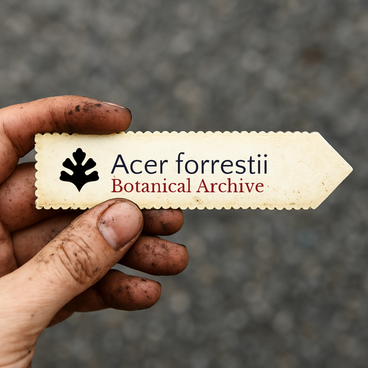 Etichetta per pianta stampata per Acer forrestii tenuta da una mano sporca all'aperto