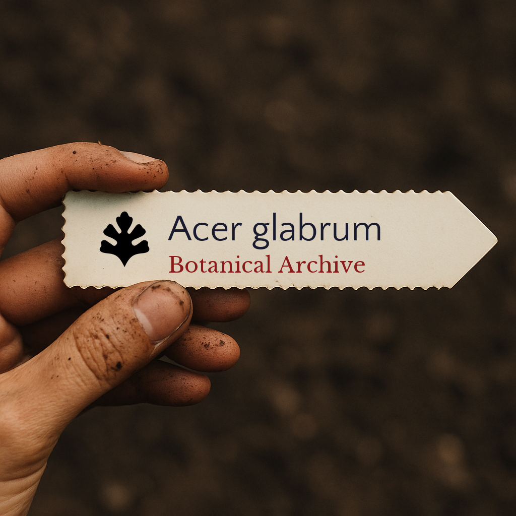 Etichetta pianta stampata per Acer glabrum tenuta in mano con sfondo di terreno