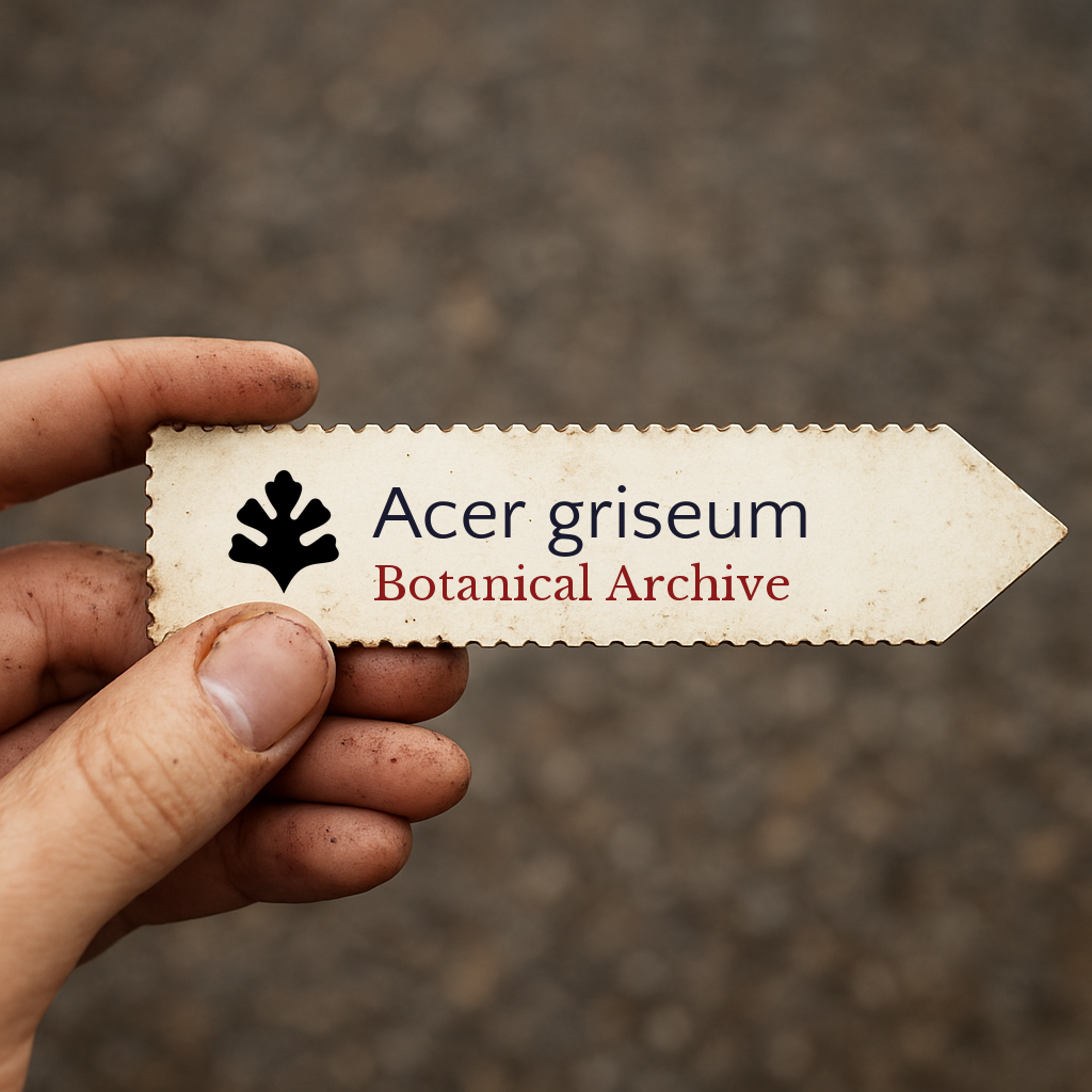 Etichetta stampata per pianta di Acer griseum Botanical Archive tenuta a mano con sfondo di terra
