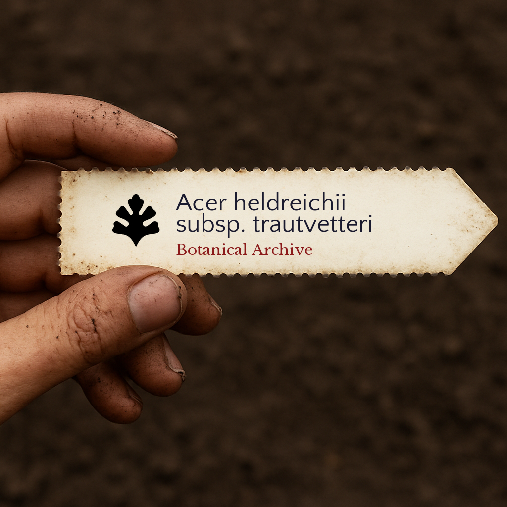 Etichetta per pianta stampata per Acer heldreichii subsp. trautvetteri tenuta da una mano sporca su sfondo di terreno