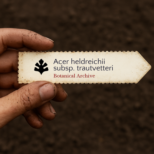 Etichetta per pianta stampata per Acer heldreichii subsp. trautvetteri tenuta da una mano sporca su sfondo di terreno