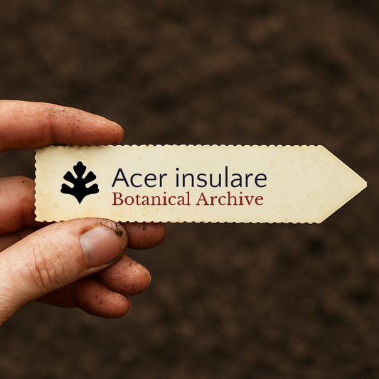 Etichetta per pianta stampata per Acer insulare tenuta a mano con sfondo di terra