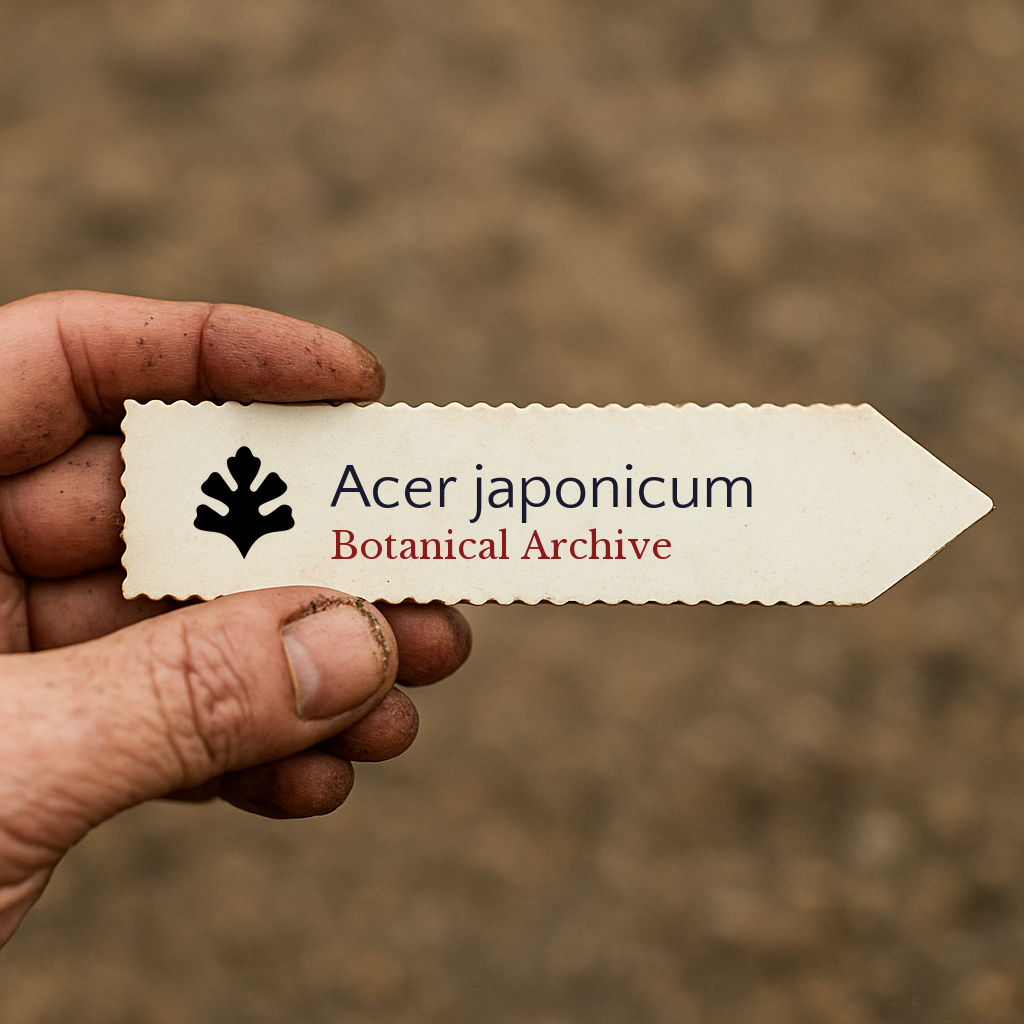 Etichetta per pianta stampata per Acer japonicum tenuta da una mano sporca all'aperto