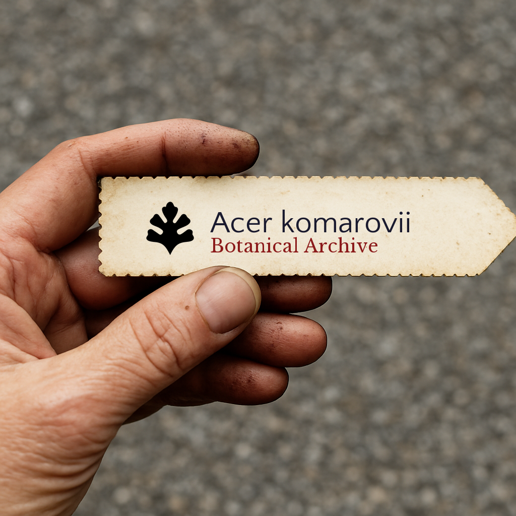 Etichetta per piante stampata per Acer komarovii tenuta a mano con terra sulle dita