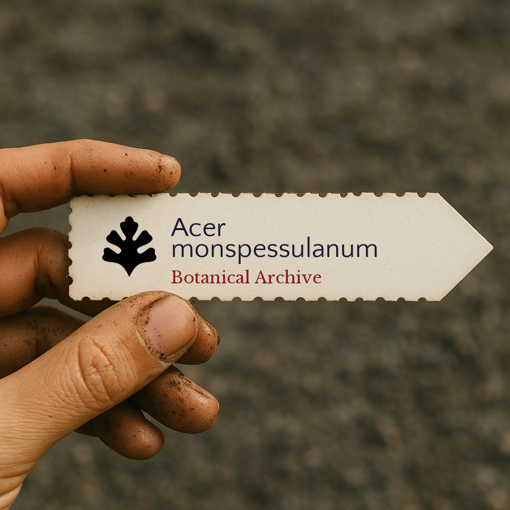 Printed plant label for Acer monspessulanum held by dirty hand outdoors