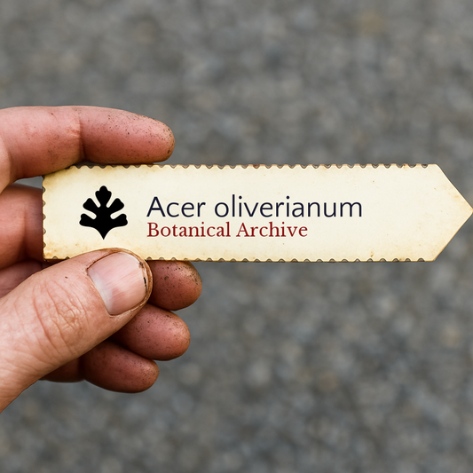 Etichetta per pianta stampata di Acer oliverianum tenuta in mano con sfondo di terra