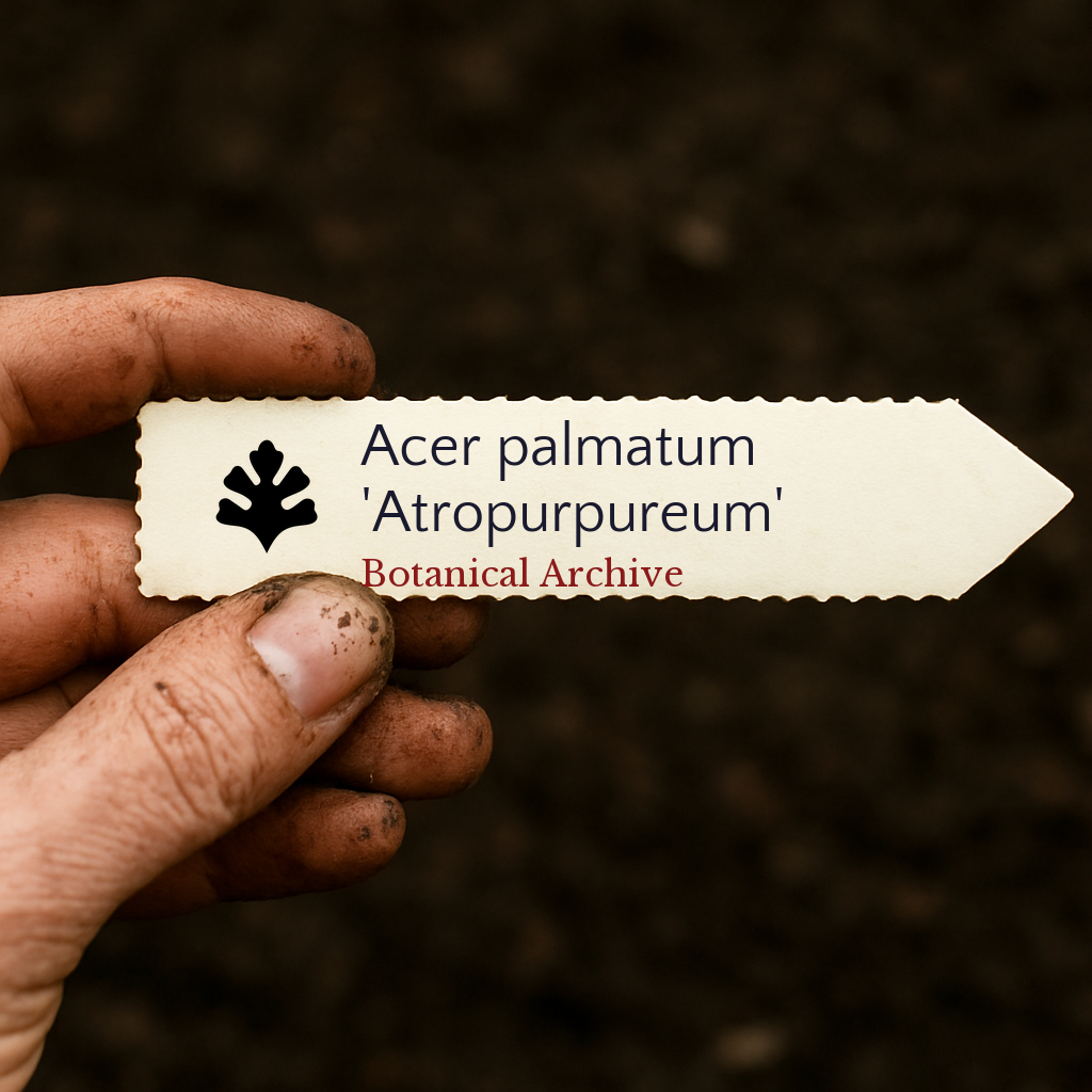Etichetta per pianta stampata per Acer palmatum 'Atropurpureum' tenuta da una mano sporca su sfondo di terreno