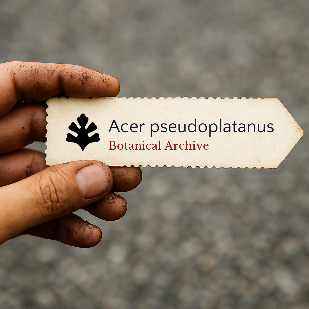 Etichetta della pianta stampata per Acer pseudoplatanus tenuta da una mano sporca all'aperto