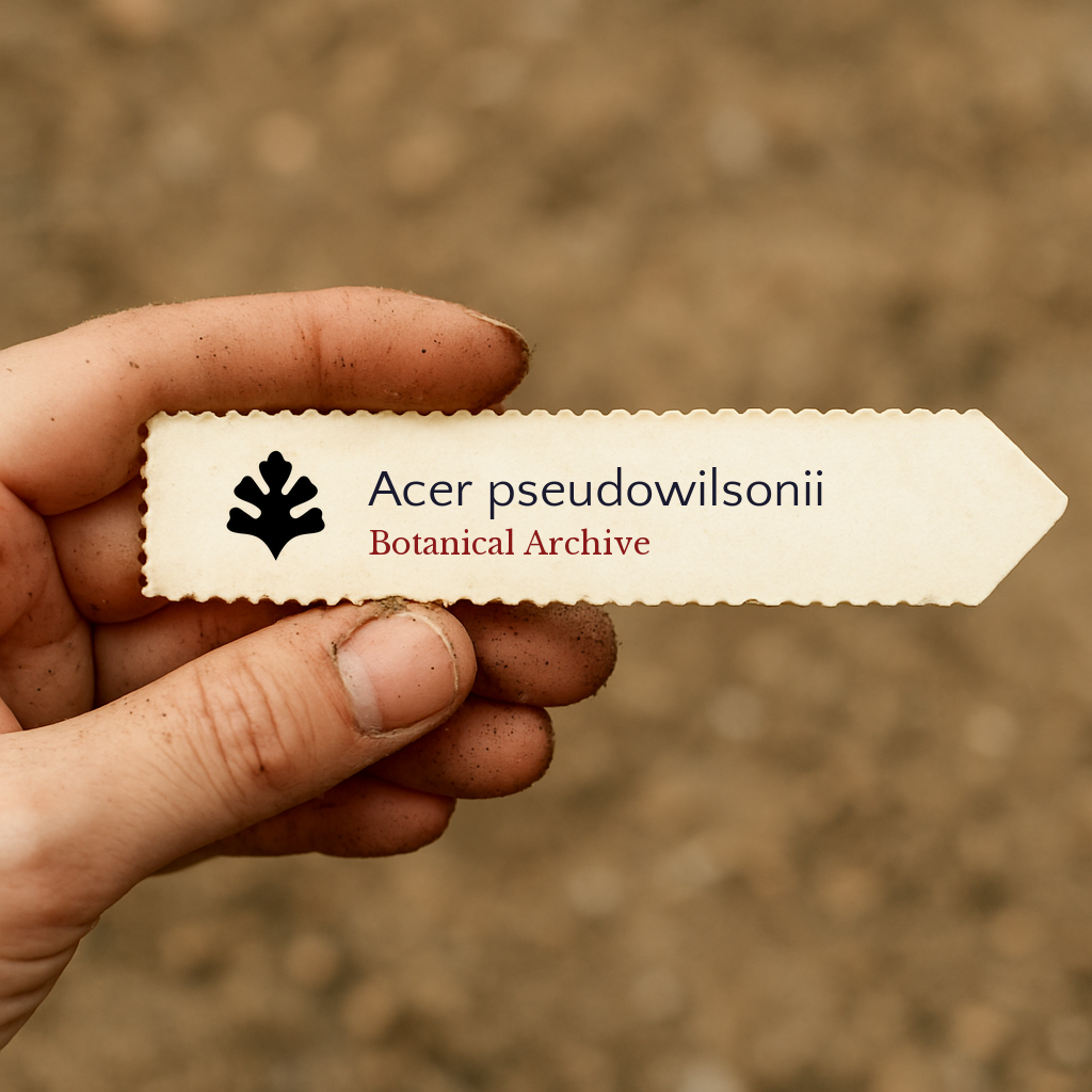 Printed plant label for Acer pseudowilsonii held by hand with soil background