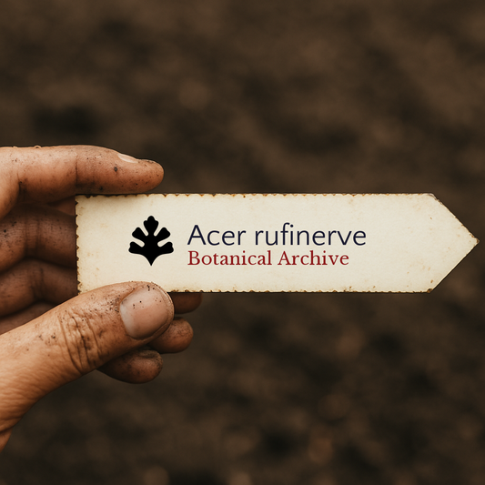 Etichetta per pianta stampata per Acer rufinerve tenuta a mano con sfondo di terreno