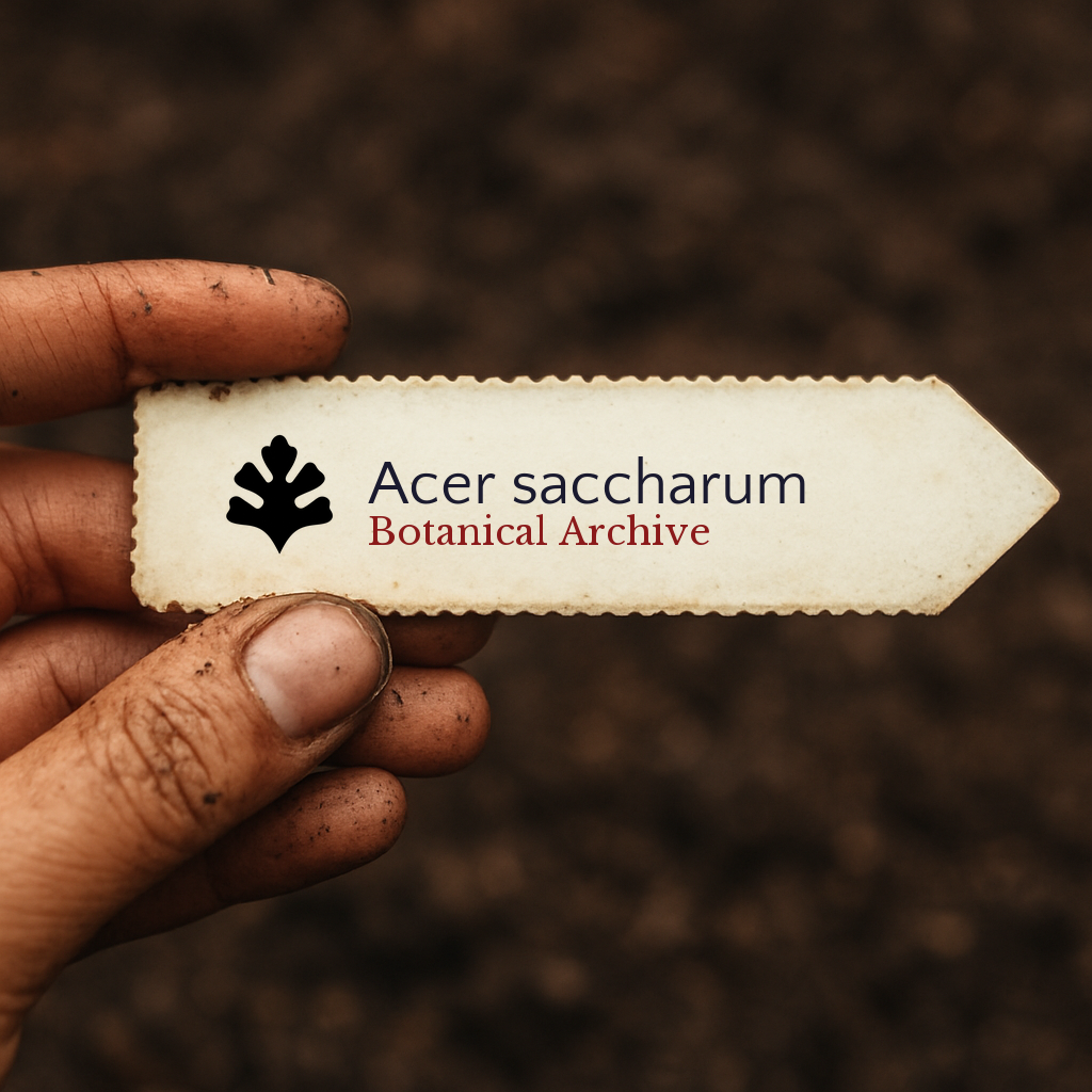 Etichetta da pianta stampata per Acer saccharum con logo Botanical Archive tenuta da mano sporca