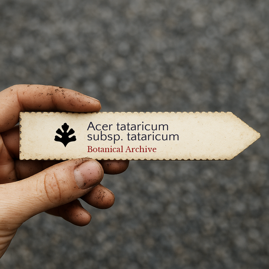 Printed plant label for Acer tataricum subsp. tataricum held by hand with soil dirt