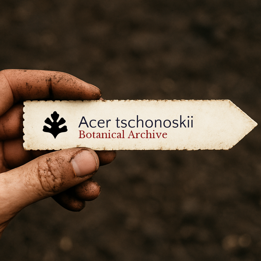 Etichetta per pianta stampata di Acer tschonoskii tenuta da mano sporca su sfondo di terra