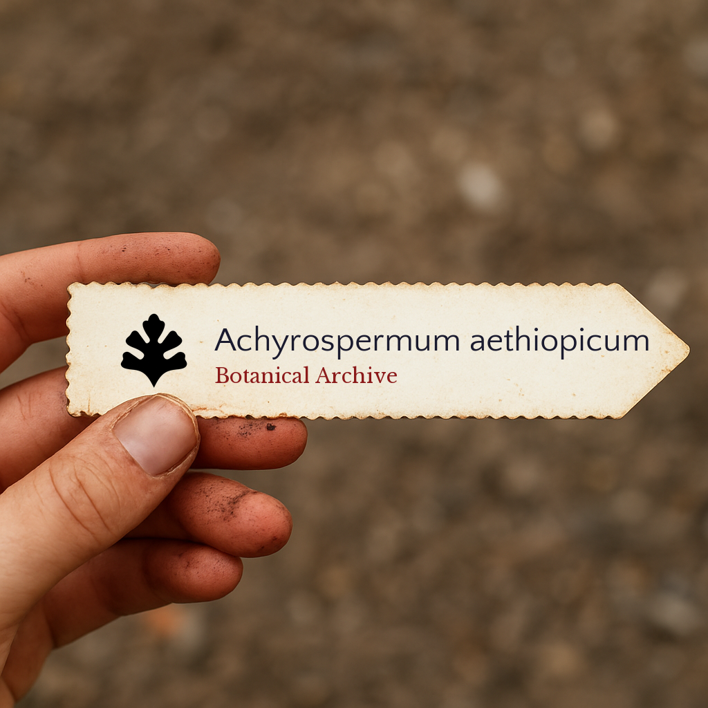 Etichetta stampata della pianta Achyrospermum aethiopicum tenuta in mano con sfondo di terreno