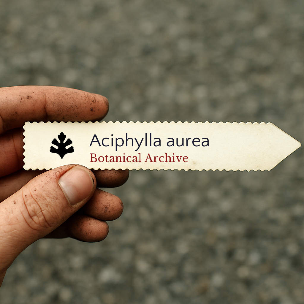 Etichetta per pianta stampata per Aciphylla aurea tenuta da mano sporca all'aperto