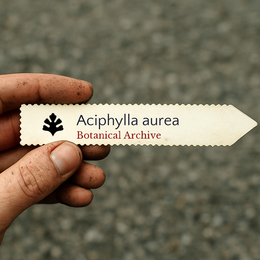 Etichetta per pianta stampata per Aciphylla aurea tenuta da una mano sporca di terra