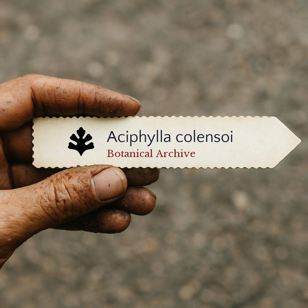 Etichetta per pianta stampata di Aciphylla colensoi tenuta da mano sporca all'aperto
