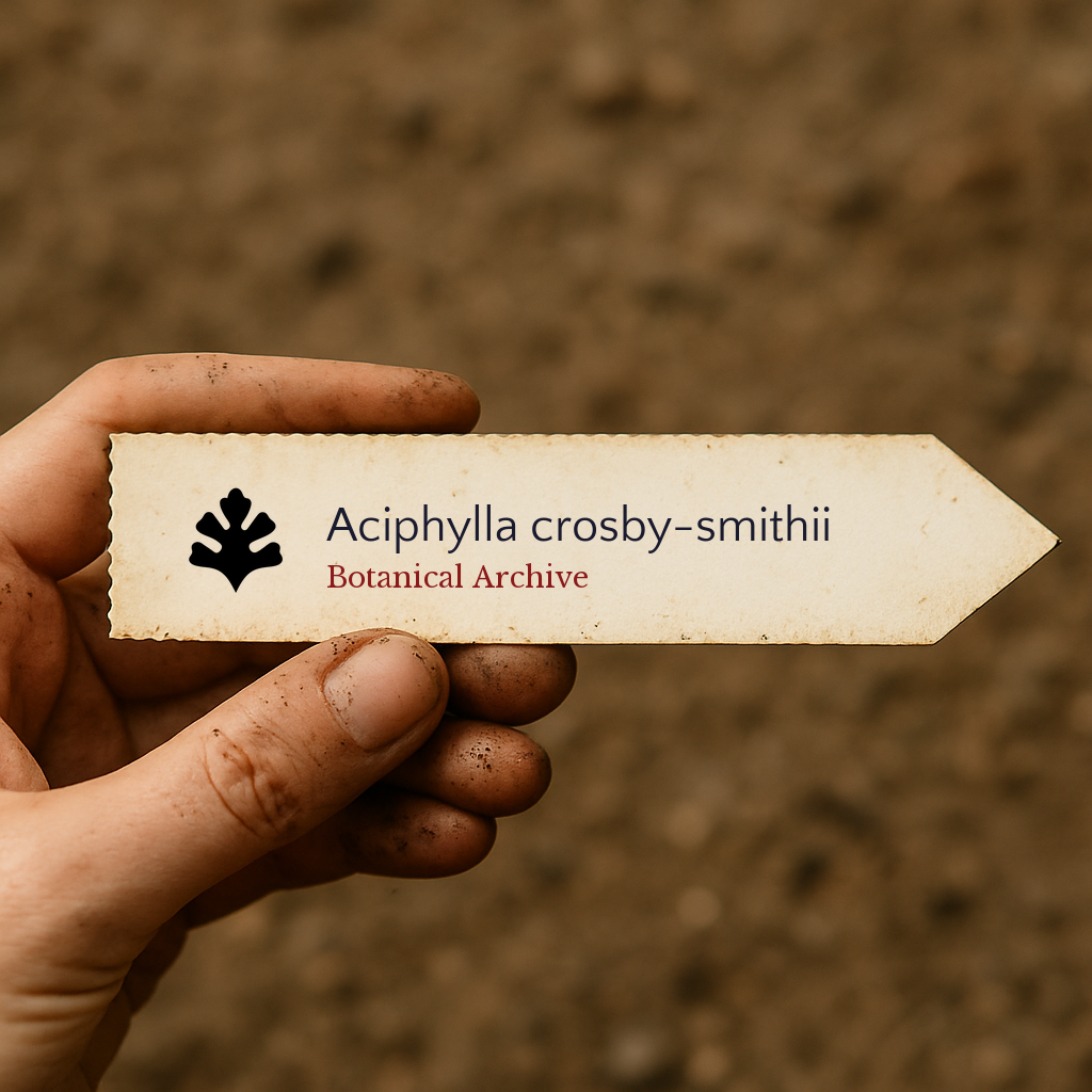 Etichetta pianta stampata per Aciphylla crosby-smithii tenuta sopra uno sfondo di terreno
