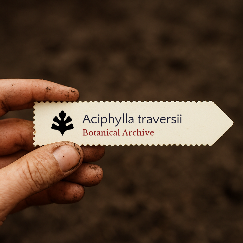Etichetta stampata per pianta di Aciphylla traversii tenuta a mano con sfondo di terra