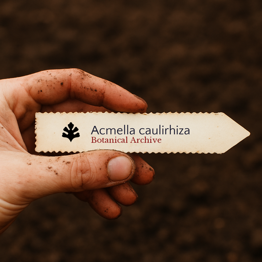 Etichetta stampata per pianta di Acmella caulirhiza tenuta da mano sporca su sfondo di terreno