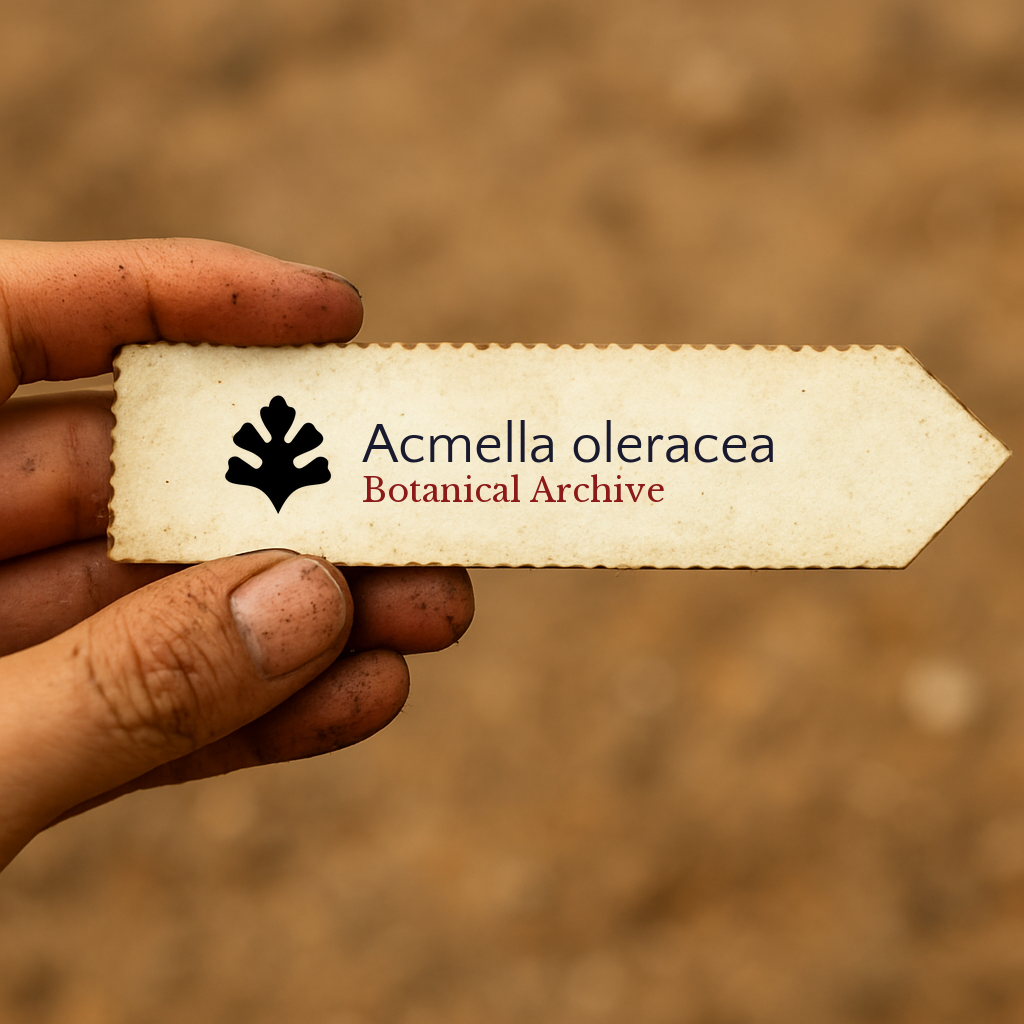 Etichetta stampata per pianta di Acmella oleracea tenuta a mano con sfondo di terreno