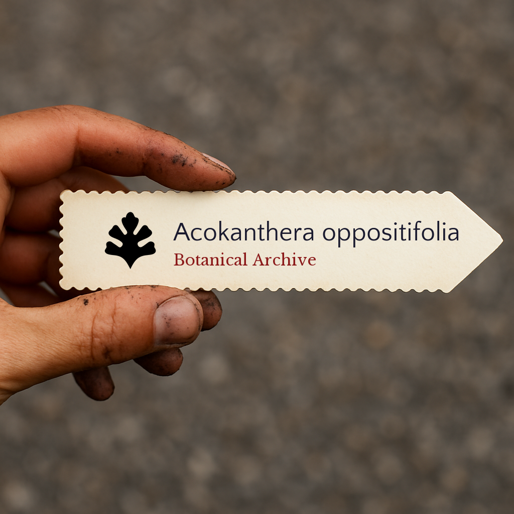 Etichetta stampata per pianta di Acokanthera oppositifolia tenuta da mano sporca all'aperto