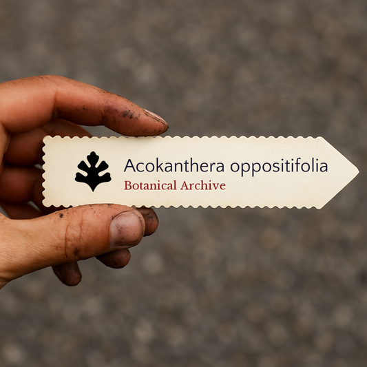 Etichetta stampata per pianta di Acokanthera oppositifolia tenuta da mano sporca all'aperto