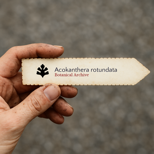 Etichetta per pianta stampata per Acokanthera rotundata con il logo Botanical Archive tenuta a mano