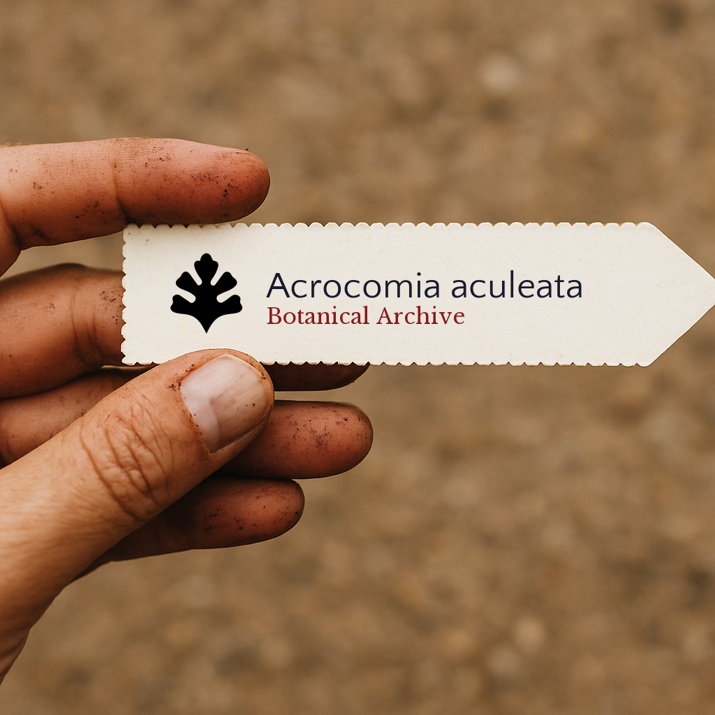 Etichetta per pianta stampata per Acrocomia aculeata tenuta da mano sporca all'aperto