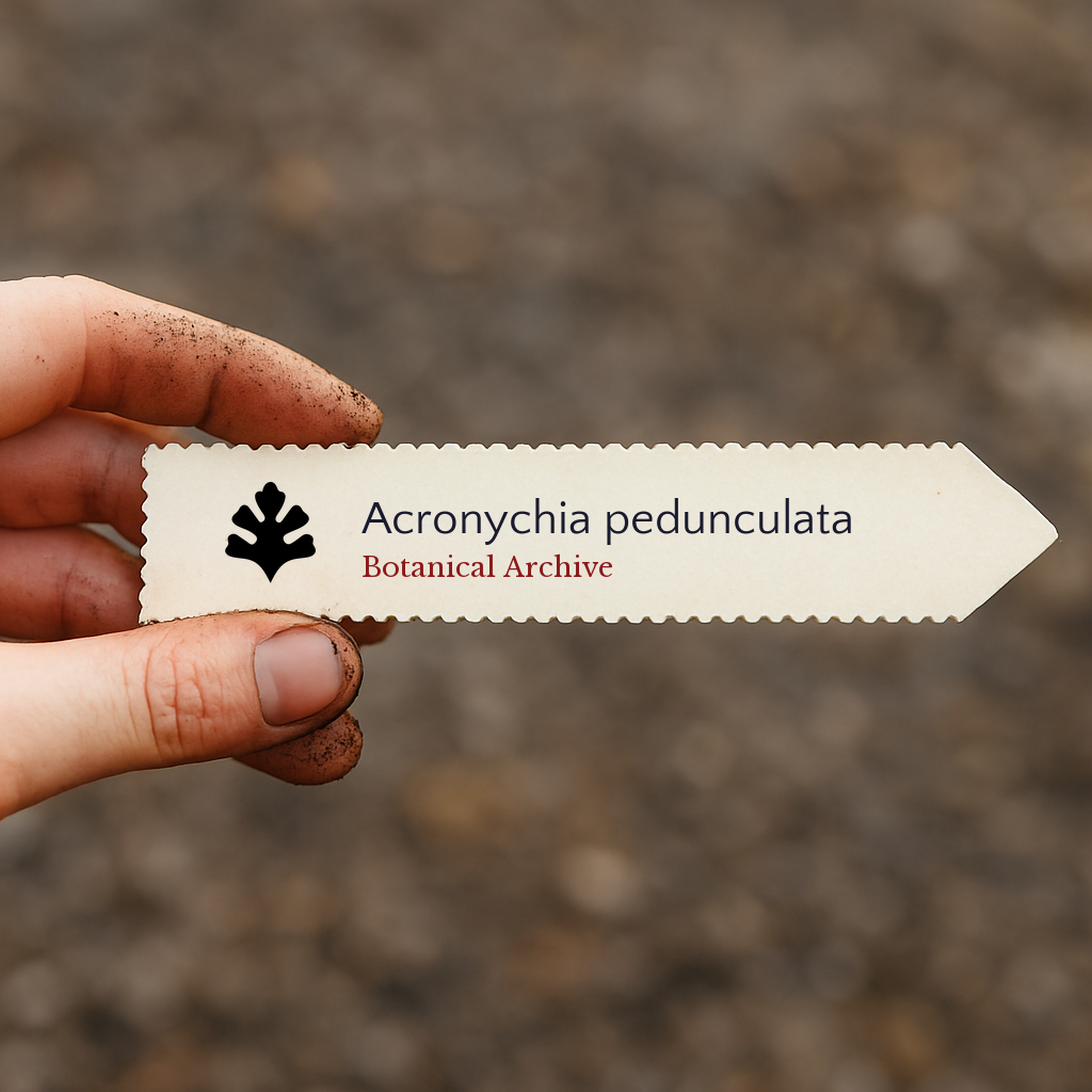 Etichetta per pianta stampata di Acronychia pedunculata tenuta da mano sporca all'aperto