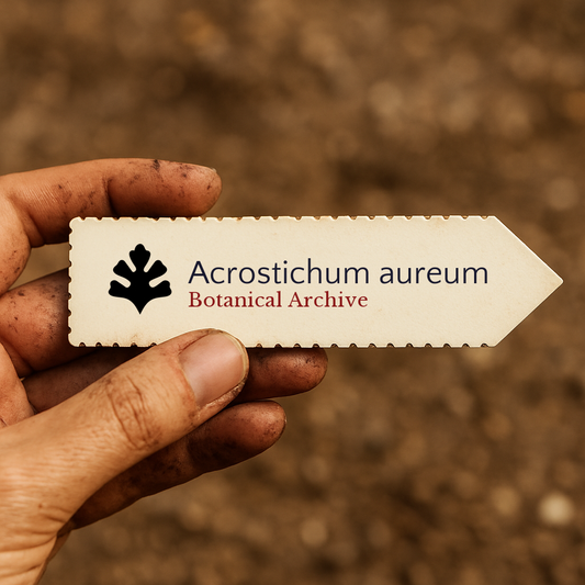 Etichetta per pianta stampata per Acrostichum aureum tenuta da mano sporca contro sfondo di terreno