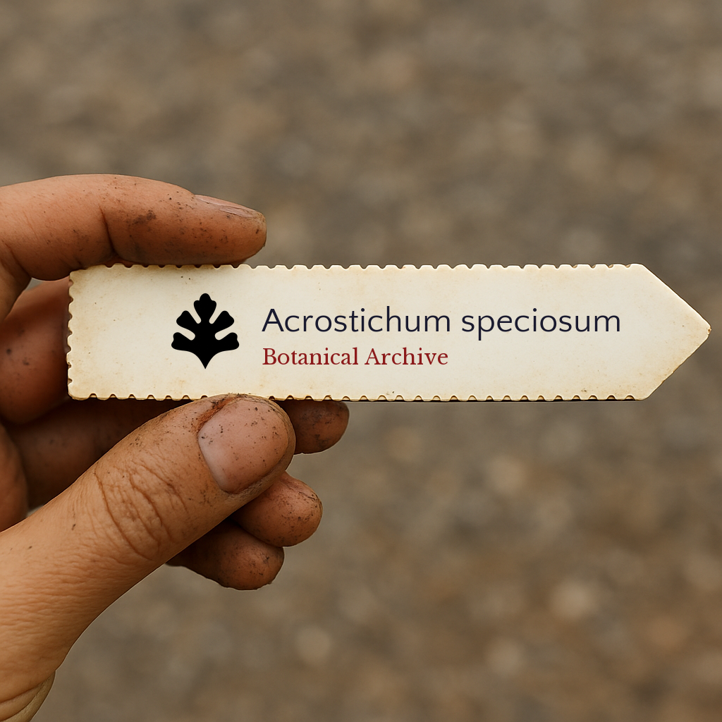 Etichetta per pianta stampata per Acrostichum speciosum con logo Botanical Archive tenuta a mano