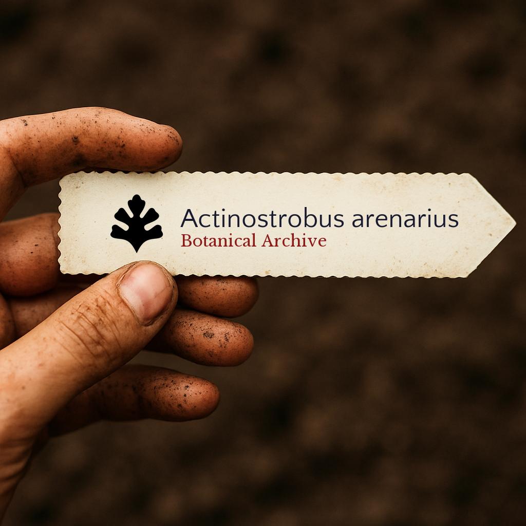 Etichetta per pianta stampata per Actinostrobus arenarius con logo Botanical Archive in mano
