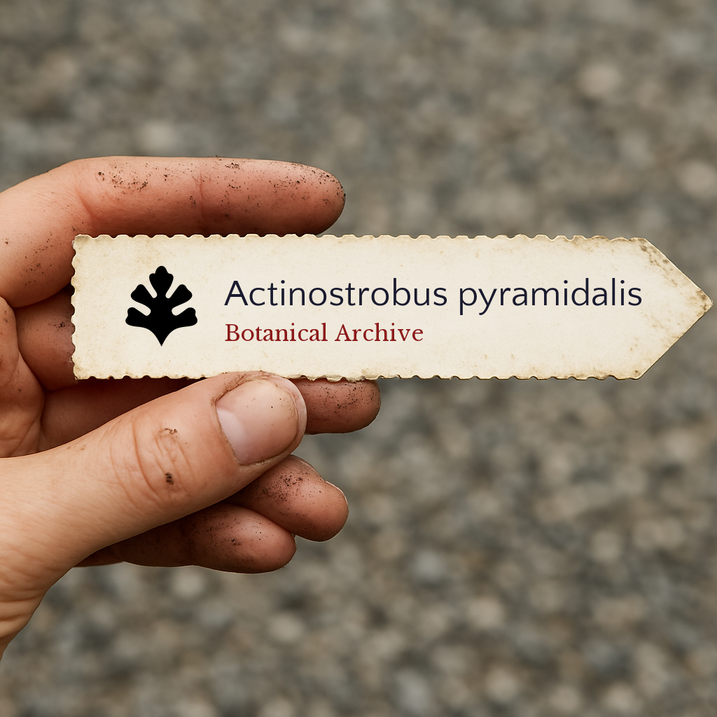 Etichetta stampata per pianta di Actinostrobus pyramidalis tenuta da mano sporca all'aperto