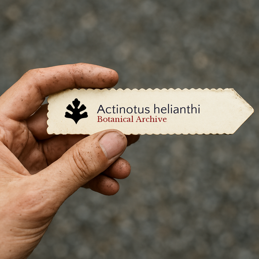 Etichetta stampata per pianta di Actinotus helianthi con logo Botanical Archive tenuta a mano
